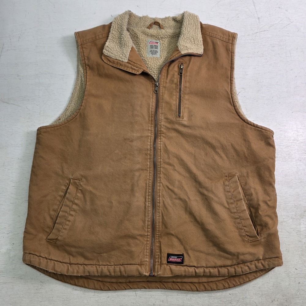 Dickies Sherpa Lined Duck Canvas Vest Mens XL 46-48 Brown Full Zip Workwear Barn
